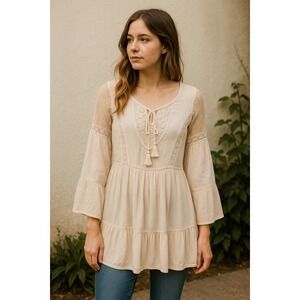 American Eagle Outfitters Cream Lace Bell Sleeve Tassel Tie Peasant Tunic Top S
